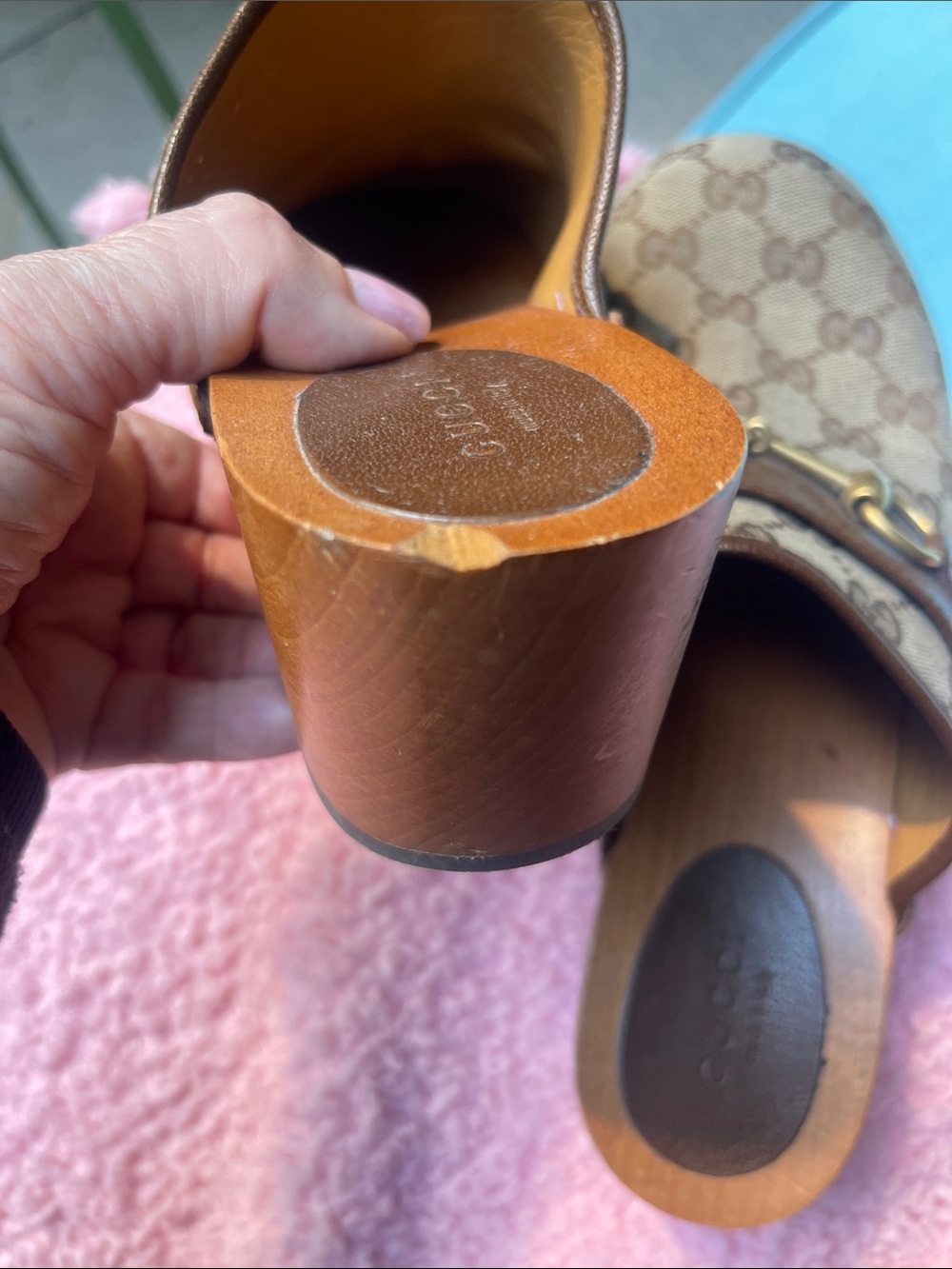 Gucci Brown Beige Monogram Horsebit Clogs - Picture 2 of 6